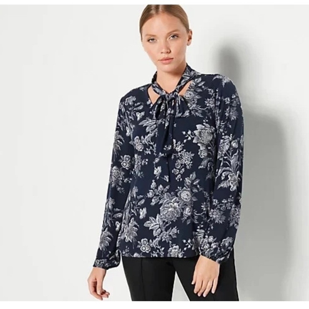 J Jason Wu Mock Neck City Knit Blouse Navy Floral Tie Neck Womens Size Small